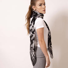 Load image into Gallery viewer, Don&#39;t think in a box when it comes to a square scarf.  Transform  artskul&#39;s edgy Baby Pop Medium Square Scarf into a vest to summon your boss babe self at the office.  ärtskül scarves are statement pieces, adding edgy sophistication to any style that it’s paired with - from a Zoom meeting on screen and into the evening. 