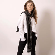 Load image into Gallery viewer, Luxuriously soft, ärtskül’s Baby Pop, Nana Rectangle scarf is the must have classic black and white printed cashmere blend scarf. The large rectangle drapes beautifully to create a playful and polished statement that’s effortlessly cool and can carry you through any occasion. Lightweight and warming, its perfect for today’s wardrobe that works around the clock.  