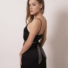 Load image into Gallery viewer, Stand out and make your slip dress the topic of conversation with ärtskül's Baby Pop Ribbon Scarf as a sash around your waist or as a sexy accessory around your neck. The black and white Ribbon Scarf complements any look, is smooth to the touch and is a great conversation starter.