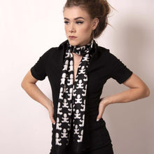 Load image into Gallery viewer, Artskul's Baby Pop Rectangle Scarf in silk twill featuring our eye catching remixed houndstooth pattern from the Baby Pop collection is a chic style staple. This wear to work ensemble in black and white is a luxe look for any occasion.