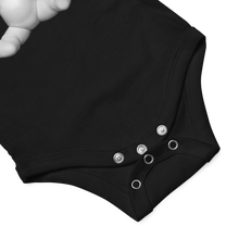 Load image into Gallery viewer, Black baby onesie from artskul featuring the Baby Pop Baby Doll icon from the Baby Pop fine art series. Only from artskul.com.  Incredibly soft and 100% cotton. The cutest baby bodysuit for your precious baby. Makes an unforgettable shower gift.