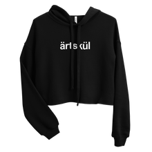 Load image into Gallery viewer, Artskul's cropped hoodie is as comfortable as it is stylish. This hoodie has a drop shoulder cut and features a trendy raw hem and matching drawstring. The soft and cozy hoodie is likely to become your favorite go-to piece whether on the street, out for a hike, or lounging on the couch. Black hoodie with white artskul logo.