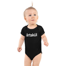 Load image into Gallery viewer, Black baby bodysuit with white artskul logo. The ärtskül baby onesies are handprinted in the USA on 100% soft premium combed ring-spun cotton using Italian eco-friendly water-based inks.  Artskul baby bodysuits are the perfect shower gift and an excellent baby outfit for cute and unforgettable Instagram photos. Save the smiles forever with an adorable baby onesie for your baby lifestyle photos. 