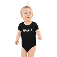 Load image into Gallery viewer, Black baby bodysuit with white artskul logo. The ärtskül baby onesies are handprinted in the USA on 100% soft premium combed ring-spun cotton using Italian eco-friendly water-based inks.  Artskul baby bodysuits are the perfect shower gift and an excellent baby outfit for cute and unforgettable Instagram photos. Save the smiles forever with an adorable baby onesie for your baby lifestyle photos.