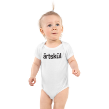 Load image into Gallery viewer, White Baby Bodysuit with black artskul logo. The ärtskül baby onesies are handprinted in the USA on 100% soft premium combed ring-spun cotton using Italian eco-friendly water-based inks.  Artskul baby bodysuits are the perfect shower gift and an excellent baby outfit for cute and unforgettable Instagram photos. Save the smiles forever with an adorable baby onesie for your baby lifestyle photos.