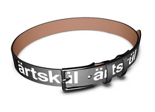 Load image into Gallery viewer, Bespoke black leather belt printed with the artskul logo.  Handmade to order, each leather belt is constructed with smooth Nappa leather featuring gunmetal finish hardware and finished with charcoal edging.   The belt is made to order in 6 different sizes and measures 1.34&quot; high, 0.12&quot; thick and weighs approximately 4.9 oz.