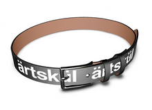 Load image into Gallery viewer, Bespoke black leather belt printed with the artskul logo.  Handmade to order, each leather belt is constructed with smooth Nappa leather featuring gunmetal finish hardware and finished with charcoal edging.   The belt is made to order in 6 different sizes and measures 1.34" high, 0.12" thick and weighs approximately 4.9 oz.