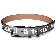 Load image into Gallery viewer, Bespoke black leather belt printed with the artskul logo.  Handmade to order, each leather belt is constructed with smooth Nappa leather featuring gunmetal finish hardware and finished with charcoal edging.   The belt is made to order in 6 different sizes and measures 1.34" high, 0.12" thick and weighs approximately 4.9 oz.