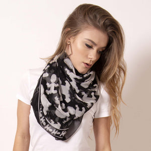 This sheer lightweight and dreamy scarf in silk georgette looks beautiful with an evening gown and elevates your look with edgy sophistication. Artskul's Baby Pop Square scarf is billowy, and has a three dimensional effect when layered. The scarf features our remixed houndstooth design with the baby icon. 