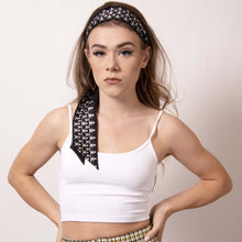 Load image into Gallery viewer, Rock your locks with ärtskül&#39;s chic black and white Baby Pop Ribbon Scarf. Make a statement with this scarf as a headband or creatively incorporate the scarf into your other hairstyles. 