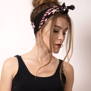 Bandana Hairstyles are the effortless way to stay on trend and look great.  Artskul's black, white and red Baby Pop Bandana  is made from the softest Italian cotton. The bandana elevates your look and adds a bit of the unexpected for a chic yet edgy statement.  