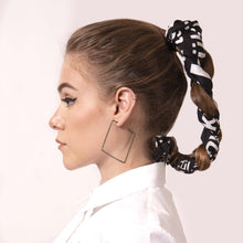 Load image into Gallery viewer, Rock your locks with artskul&#39;s chic black and white logo scarf. Elevate and transform a simple braided twist into a stylish hair statement. 