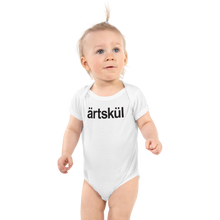 Load image into Gallery viewer, White Baby Bodysuit with black artskul logo. The ärtskül baby onesies are handprinted in the USA on 100% soft premium combed ring-spun cotton using Italian eco-friendly water-based inks.  Artskul baby bodysuits are the perfect shower gift and an excellent baby outfit for cute and unforgettable Instagram photos. Save the smiles forever with an adorable baby onesie for your baby lifestyle photos. 