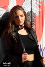 Load image into Gallery viewer, Savvy stylists and fashionistas love Artskul&#39;s Baby Pop Bandana. This red, black and white bandana is made of the softest Italian cotton and features our signature baby icon from the fine art series Baby Pop, Inc. Wear the bandana as a traditional scarf or creatively style your outfit with this must have accessory as a belt, top and more.