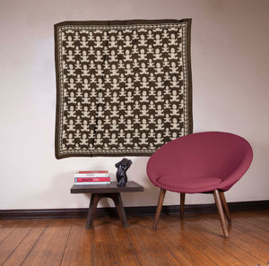 artskul's baby pop inc 54" large square silk georgette scarf 36" is featured as wall decor with art books by Magritte, Vogue, Moroni and Michelangelo with a torso sculpture and a custom end table by the artist Brian Biedul.